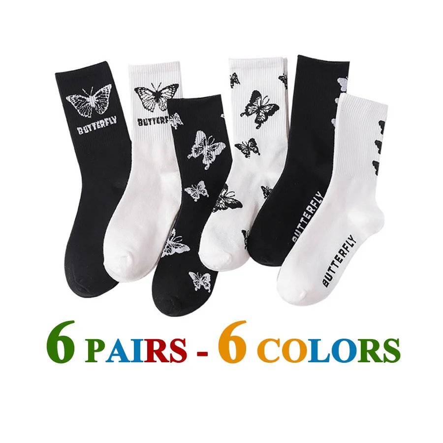 3 Pairs/Lot Cute Socks Women Black White Butterfly Colorful Long Cotton Casual Funny Cartoon Middle Tube Sock Girls Gift