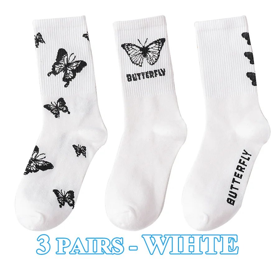 3 Pairs/Lot Cute Socks Women Black White Butterfly Colorful Long Cotton Casual Funny Cartoon Middle Tube Sock Girls Gift