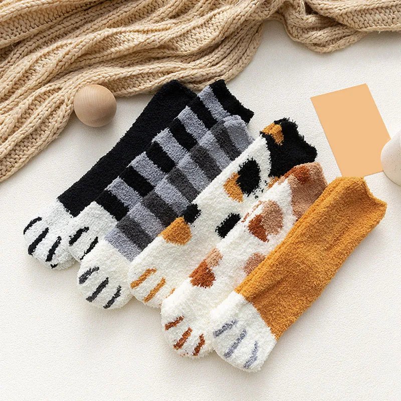 Plush Winter Funny Cute Style Animal Cat Paw Cartoon Pattern Women Cotton Socks Super Soft For Female House Sleeping Floor Socks
