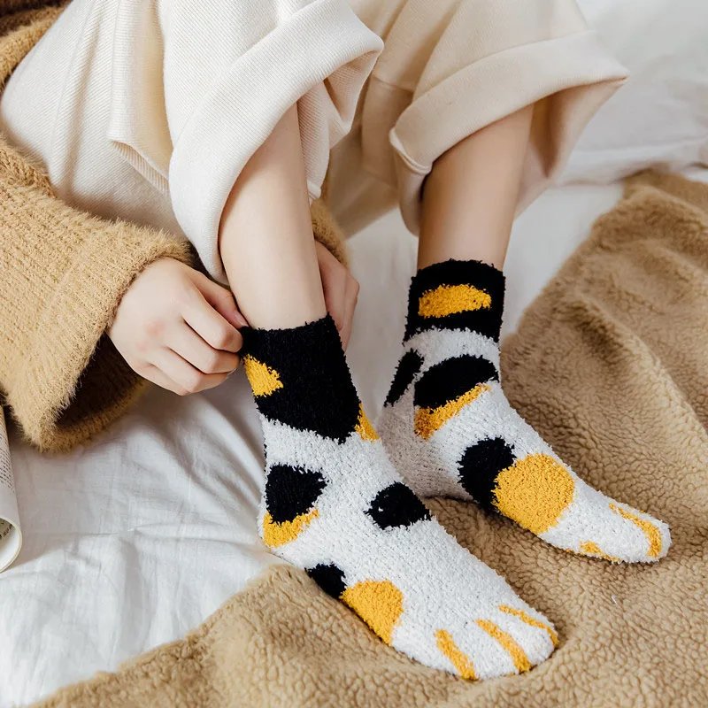Plush Winter Funny Cute Style Animal Cat Paw Cartoon Pattern Women Cotton Socks Super Soft For Female House Sleeping Floor Socks