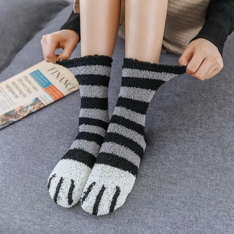 Plush Winter Funny Cute Style Animal Cat Paw Cartoon Pattern Women Cotton Socks Super Soft For Female House Sleeping Floor Socks
