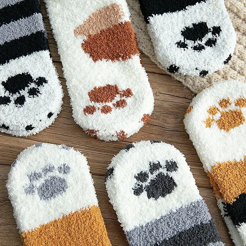 Plush Winter Funny Cute Style Animal Cat Paw Cartoon Pattern Women Cotton Socks Super Soft For Female House Sleeping Floor Socks