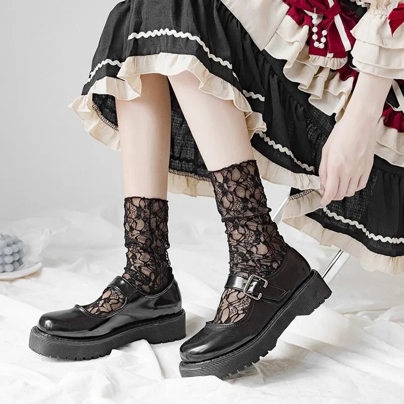 Women Kawaii Japanese Fashion Sock Retro Lace Floral Mesh Lolita Cute Socks Thin Middle Tube Girls Breathable Harajuku Socks