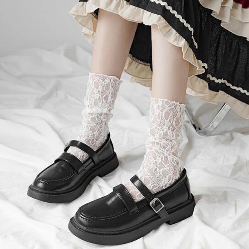 Women Kawaii Japanese Fashion Sock Retro Lace Floral Mesh Lolita Cute Socks Thin Middle Tube Girls Breathable Harajuku Socks