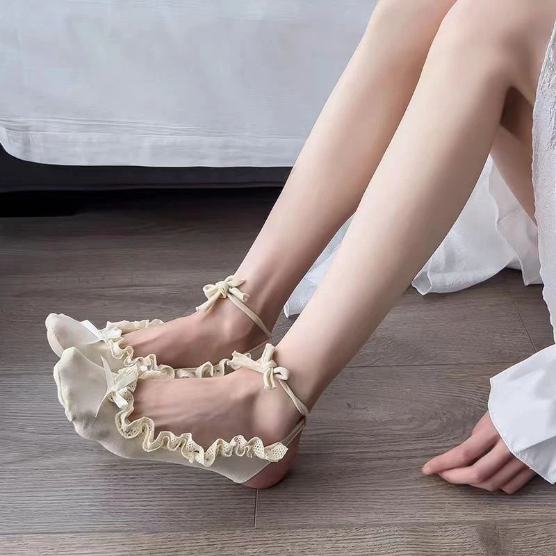 Ballet Style Lace Tie Straps Boat Socks For Women Anti Slip Bow Tie Up Short Sock Japanese Lolita Cute Girls Latin Dance Socks