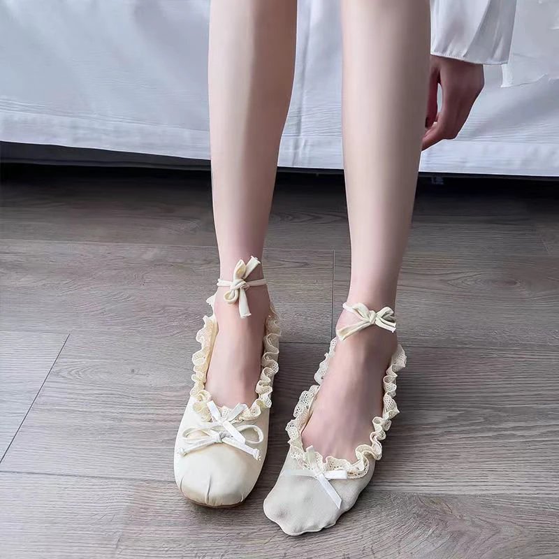 Ballet Style Lace Tie Straps Boat Socks For Women Anti Slip Bow Tie Up Short Sock Japanese Lolita Cute Girls Latin Dance Socks