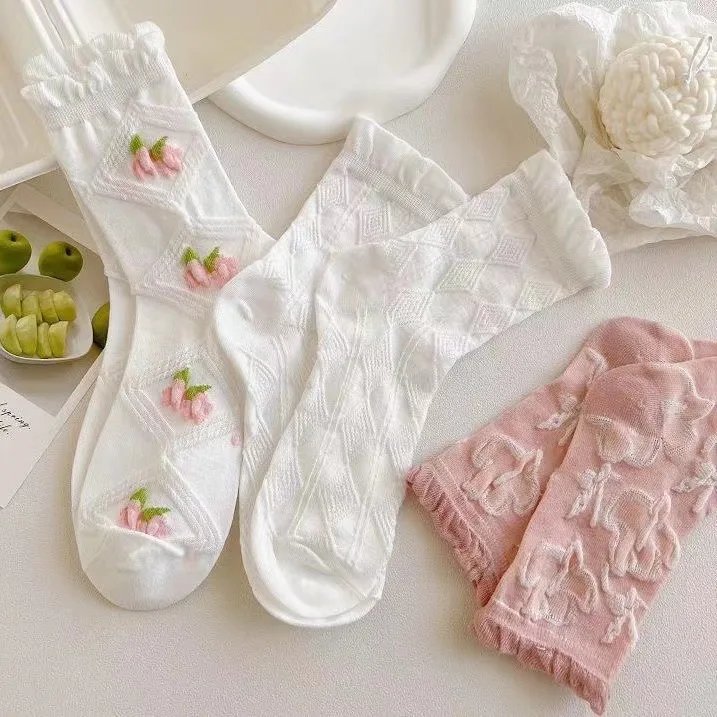 5 Pairs Japanese Cute Harajuku Lolita White Powder Socks JK Girl Cherry Blossom Tube Socks College Students Lace Socks