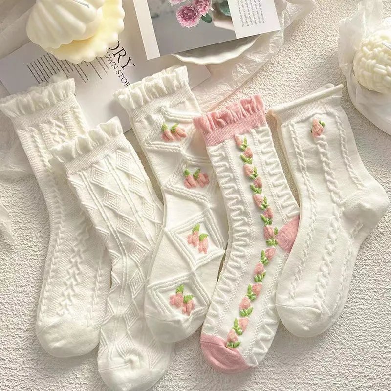 5 Pairs Japanese Cute Harajuku Lolita White Powder Socks JK Girl Cherry Blossom Tube Socks College Students Lace Socks