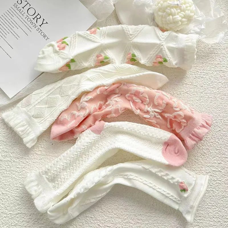 5 Pairs Japanese Cute Harajuku Lolita White Powder Socks JK Girl Cherry Blossom Tube Socks College Students Lace Socks