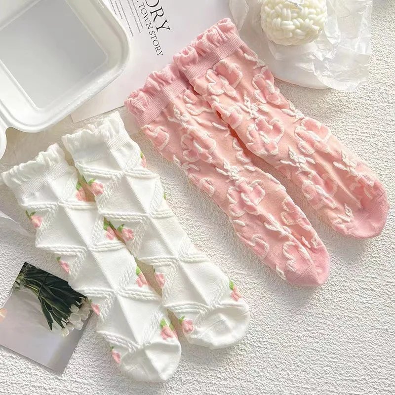 5 Pairs Japanese Cute Harajuku Lolita White Powder Socks JK Girl Cherry Blossom Tube Socks College Students Lace Socks