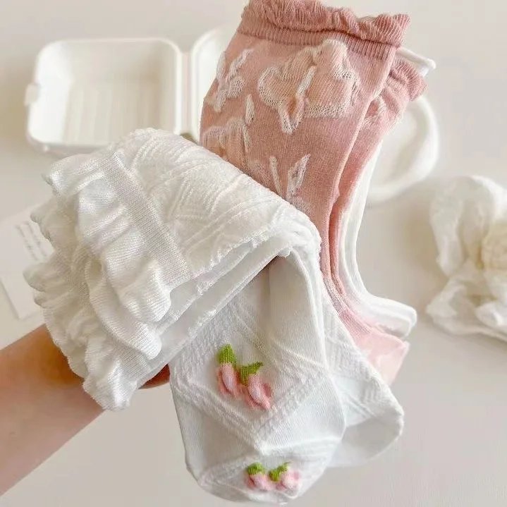 5 Pairs Japanese Cute Harajuku Lolita White Powder Socks JK Girl Cherry Blossom Tube Socks College Students Lace Socks