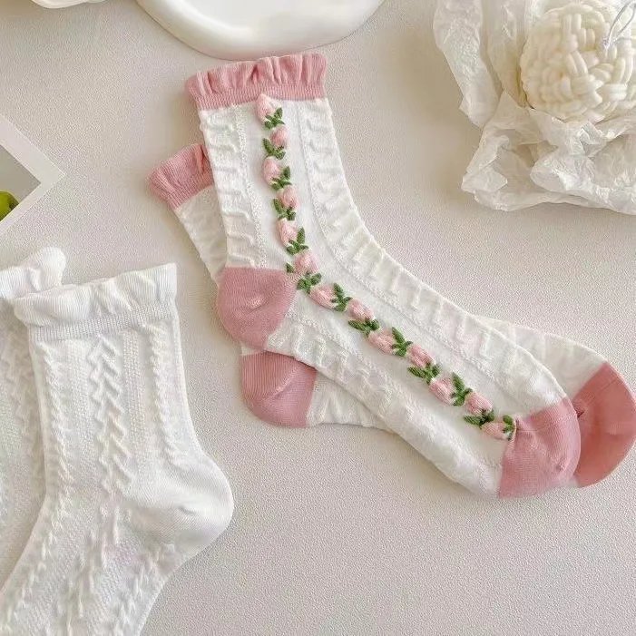 5 Pairs Japanese Cute Harajuku Lolita White Powder Socks JK Girl Cherry Blossom Tube Socks College Students Lace Socks