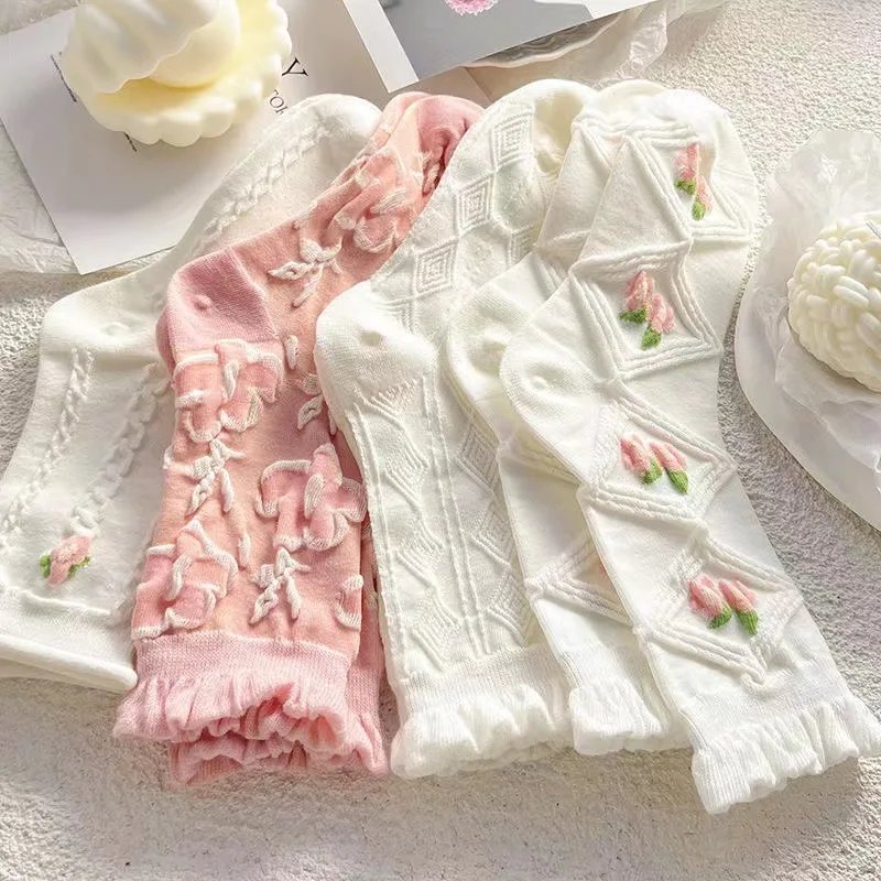 5 Pairs Japanese Cute Harajuku Lolita White Powder Socks JK Girl Cherry Blossom Tube Socks College Students Lace Socks