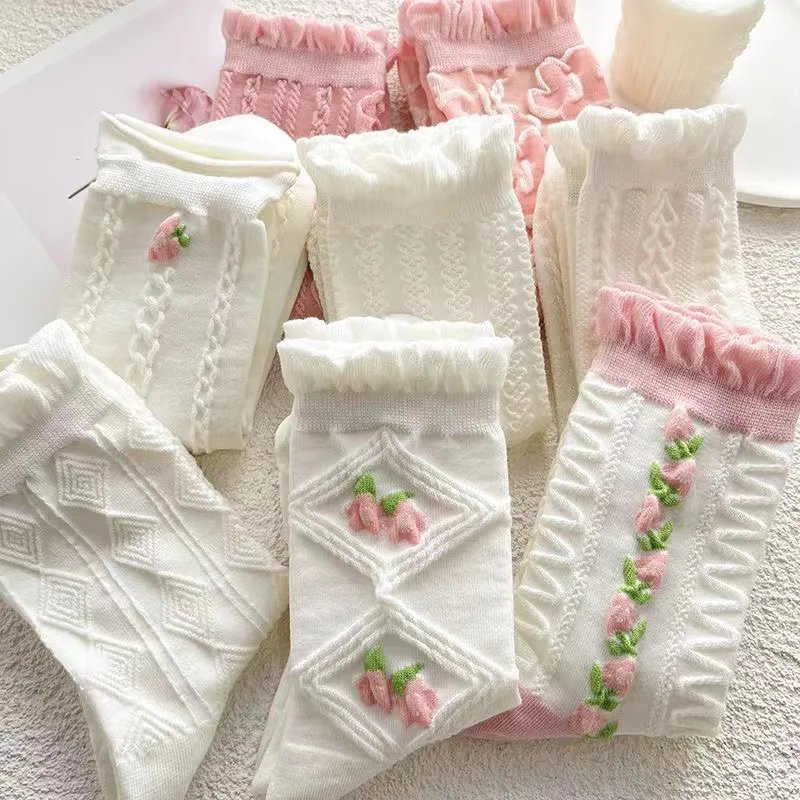 5 Pairs Japanese Cute Harajuku Lolita White Powder Socks JK Girl Cherry Blossom Tube Socks College Students Lace Socks