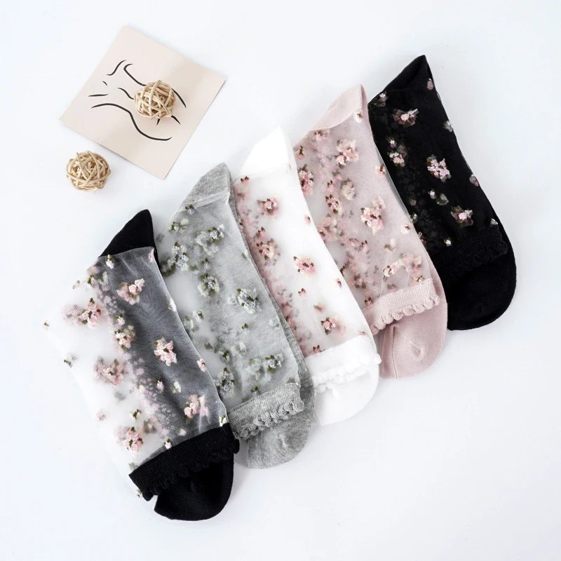 Women's Breathable Ultra Thin Lace Silk Crystal Rose Flower Socks Summer Transparent Girls Female Elastic Short Fashion Socks