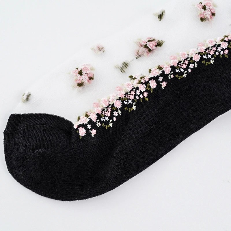 Women's Breathable Ultra Thin Lace Silk Crystal Rose Flower Socks Summer Transparent Girls Female Elastic Short Fashion Socks