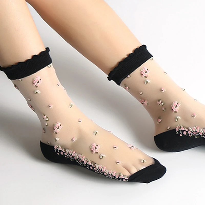 Women's Breathable Ultra Thin Lace Silk Crystal Rose Flower Socks Summer Transparent Girls Female Elastic Short Fashion Socks