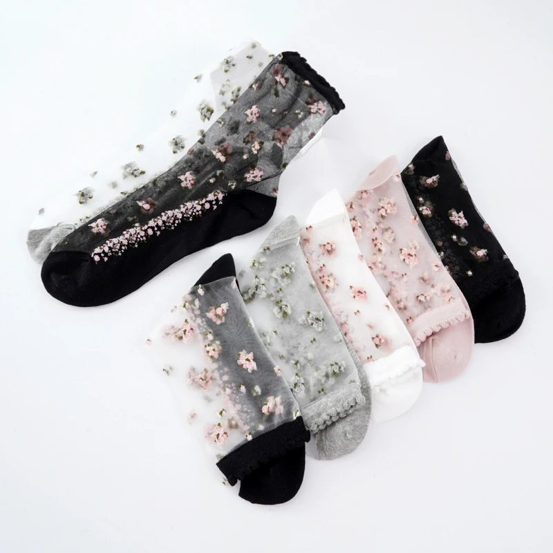 Women's Breathable Ultra Thin Lace Silk Crystal Rose Flower Socks Summer Transparent Girls Female Elastic Short Fashion Socks