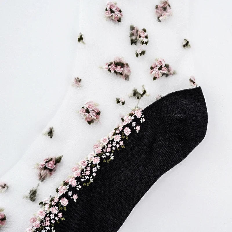 Women's Breathable Ultra Thin Lace Silk Crystal Rose Flower Socks Summer Transparent Girls Female Elastic Short Fashion Socks
