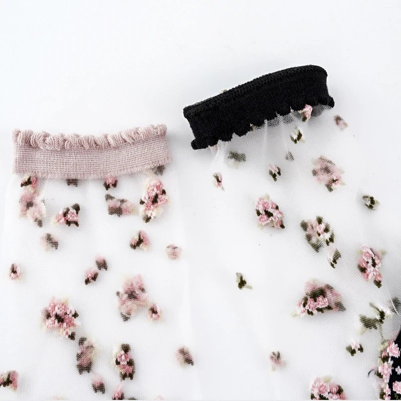 Women's Breathable Ultra Thin Lace Silk Crystal Rose Flower Socks Summer Transparent Girls Female Elastic Short Fashion Socks