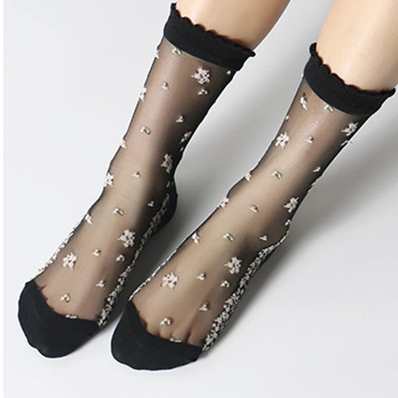 Women's Breathable Ultra Thin Lace Silk Crystal Rose Flower Socks Summer Transparent Girls Female Elastic Short Fashion Socks