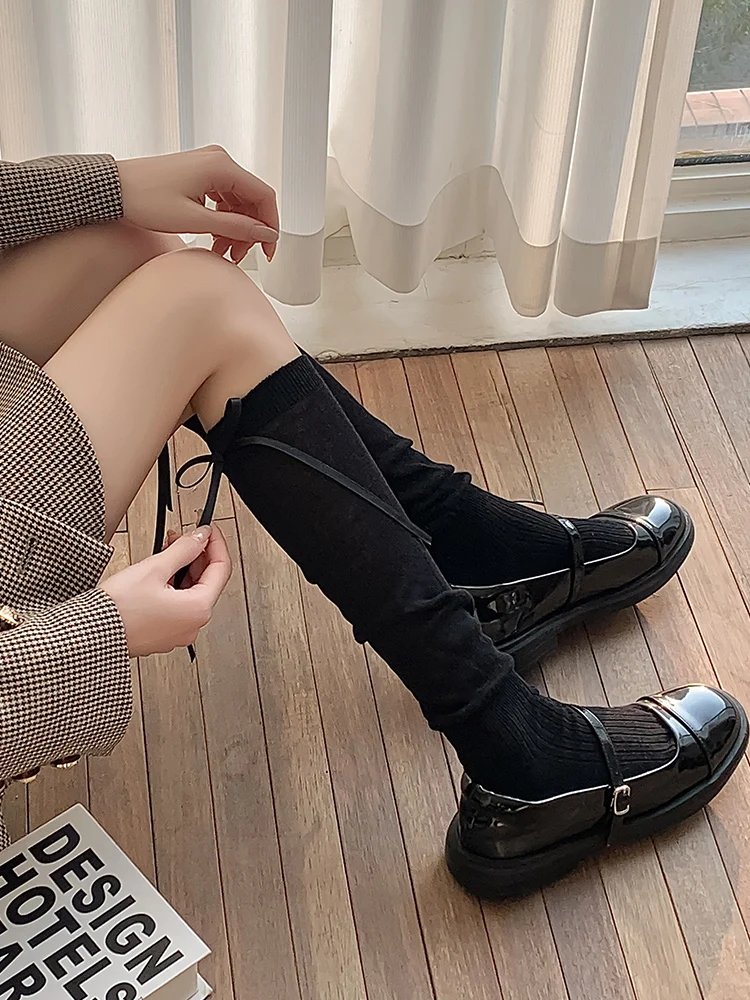 Lolita Long Socks Women Bandage Ribbon Bow Sweet Girls Kawaii Cute Middle Tube Socks Ballet Style Solid Color Black White Socks