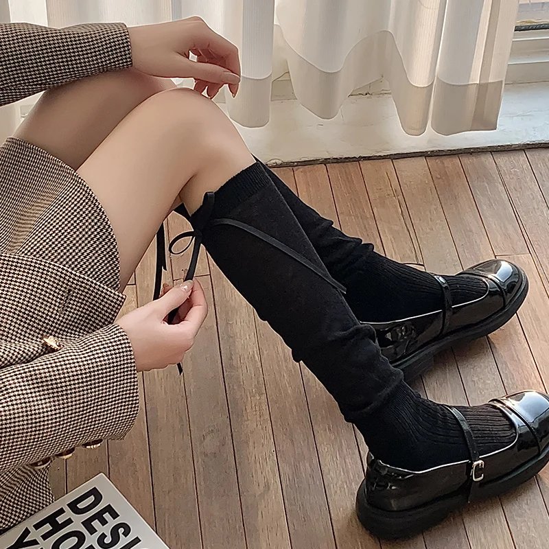 Lolita Long Socks Women Bandage Ribbon Bow Sweet Girls Kawaii Cute Middle Tube Socks Ballet Style Solid Color Black White Socks