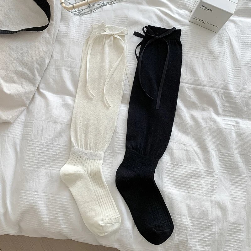 Lolita Long Socks Women Bandage Ribbon Bow Sweet Girls Kawaii Cute Middle Tube Socks Ballet Style Solid Color Black White Socks