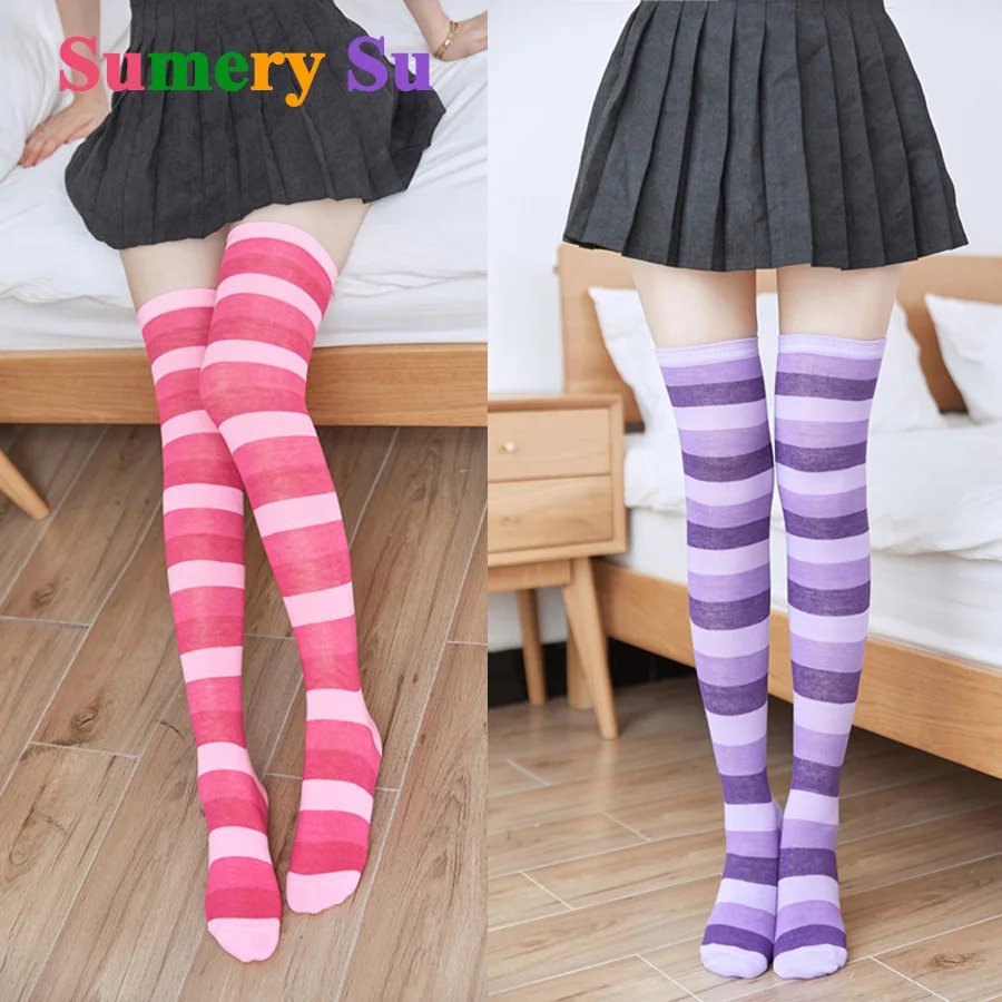 Stockings Women Socks Colorful Stripes Over Knee Cotton Sexy Slim Cosplay Show Ladies Girls Christmas Halloween Gift 1 Pairs New