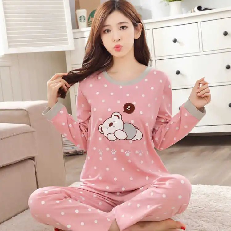 Autumn Thin 2pieces Pyjamas Set Women 2025 Cotton Round Neck Girls Bear Pajamas Sets Teacup Cat Full Sleepwear Tops Pajama Mujer