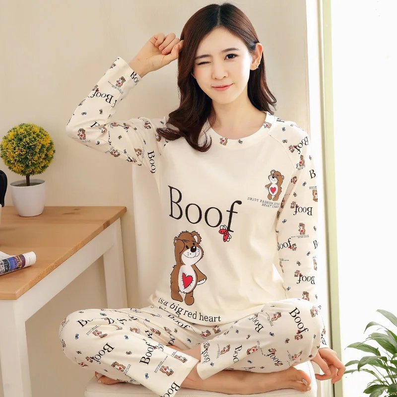 Autumn Thin 2pieces Pyjamas Set Women 2025 Cotton Round Neck Girls Bear Pajamas Sets Teacup Cat Full Sleepwear Tops Pajama Mujer