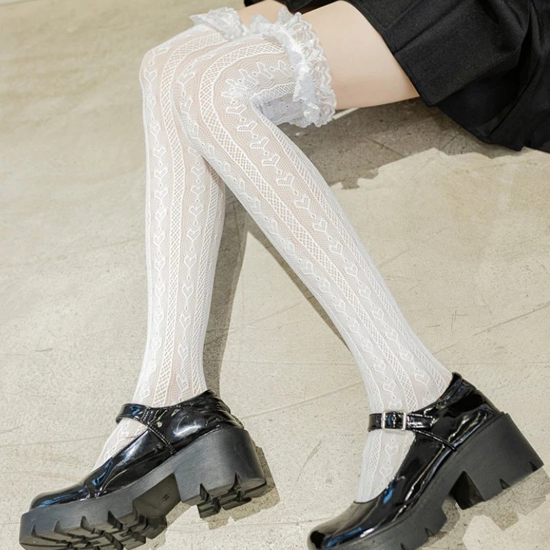 Women Lace Lolita High Tube Thigh Knee Socks Female Cute Long Tube Love Lace Japanese College Style Ultra-thin Sexy Black Socks