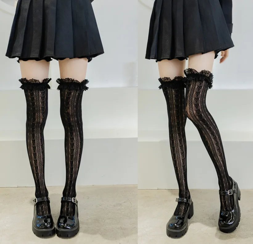 Women Lace Lolita High Tube Thigh Knee Socks Female Cute Long Tube Love Lace Japanese College Style Ultra-thin Sexy Black Socks