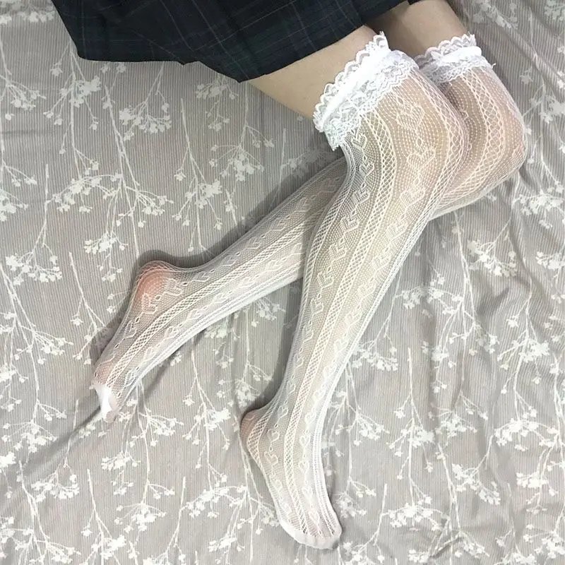 Women Lace Lolita High Tube Thigh Knee Socks Female Cute Long Tube Love Lace Japanese College Style Ultra-thin Sexy Black Socks