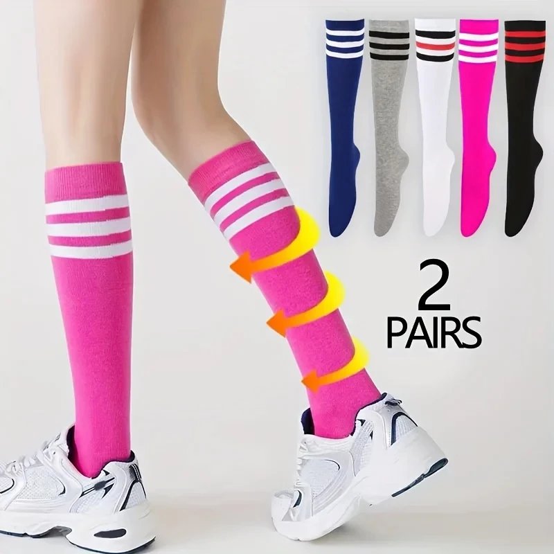 2 pairs of women's calf socks three bar middle socks striped socks knee socks sports women's socks solid color three bar stockin