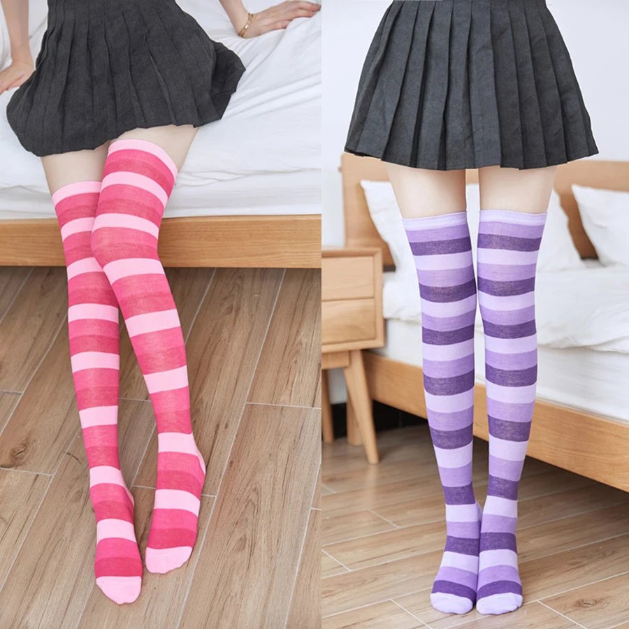 3 Pairs/Lot Women Stockings Socks Colorful Stripes Over Knee Cotton Sexy Slim Cosplay Show Ladies Girls Christmas Halloween Gift