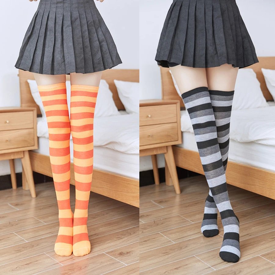 3 Pairs/Lot Women Stockings Socks Colorful Stripes Over Knee Cotton Sexy Slim Cosplay Show Ladies Girls Christmas Halloween Gift