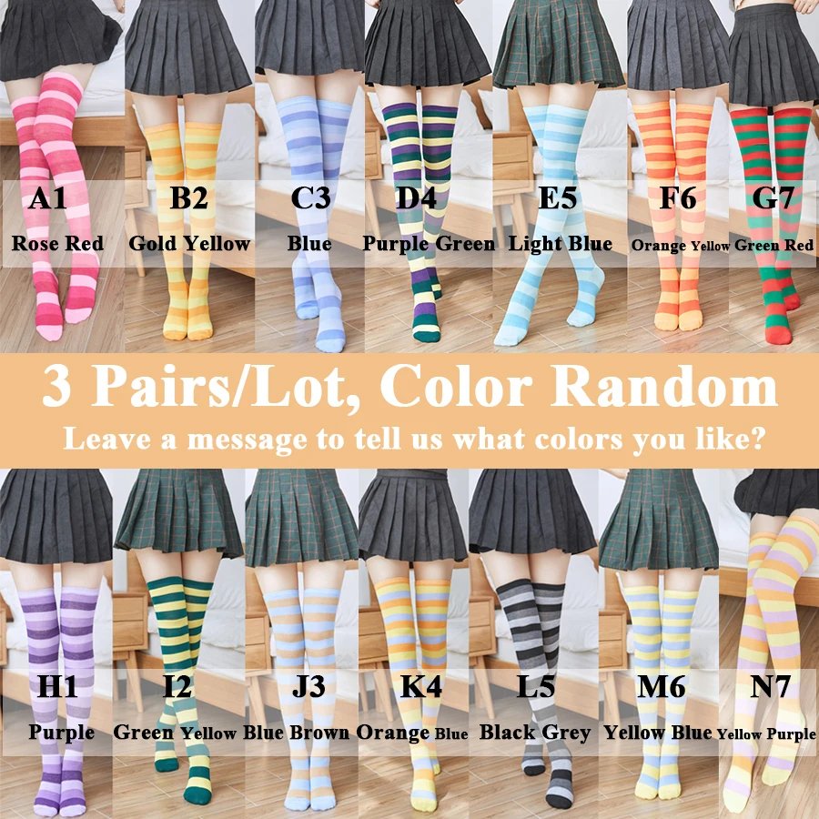 3 Pairs/Lot Women Stockings Socks Colorful Stripes Over Knee Cotton Sexy Slim Cosplay Show Ladies Girls Christmas Halloween Gift