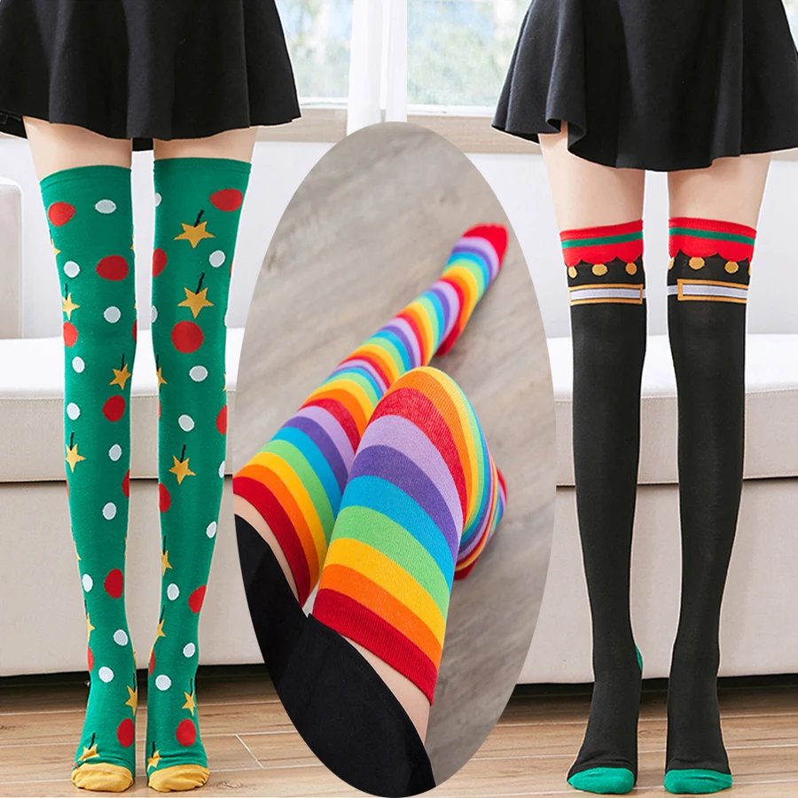 3 Pairs/Lot Women Stockings Socks Colorful Stripes Over Knee Cotton Sexy Slim Cosplay Show Ladies Girls Christmas Halloween Gift