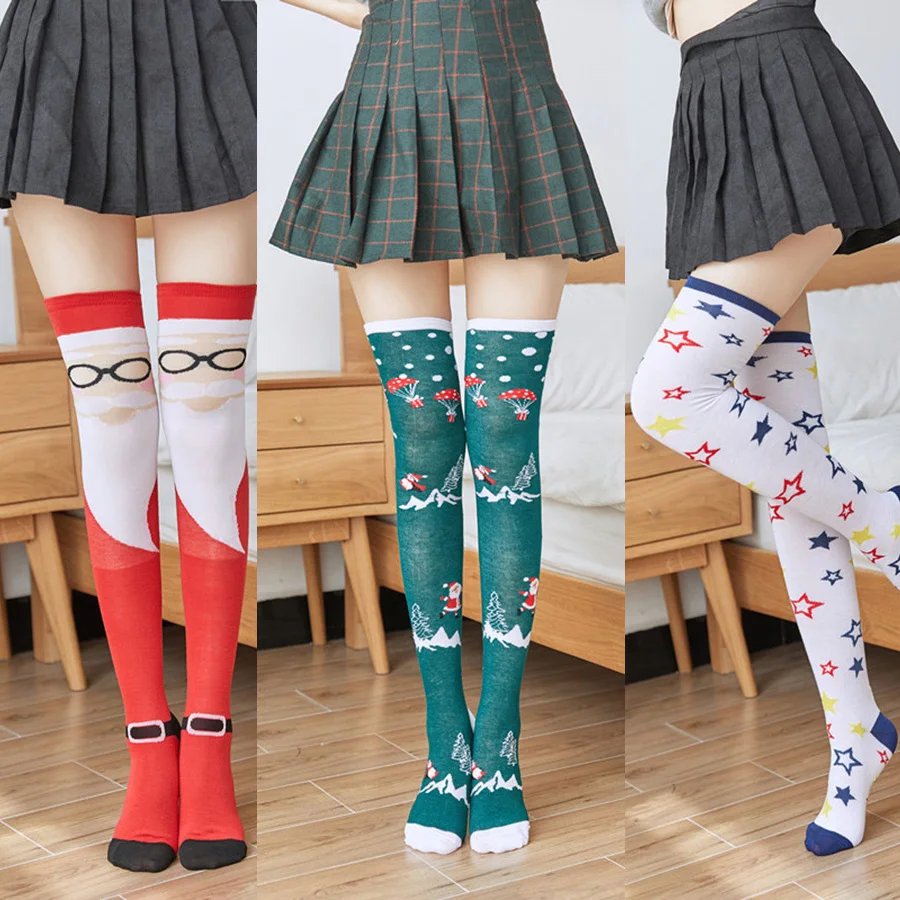 3 Pairs/Lot Women Stockings Socks Colorful Stripes Over Knee Cotton Sexy Slim Cosplay Show Ladies Girls Christmas Halloween Gift