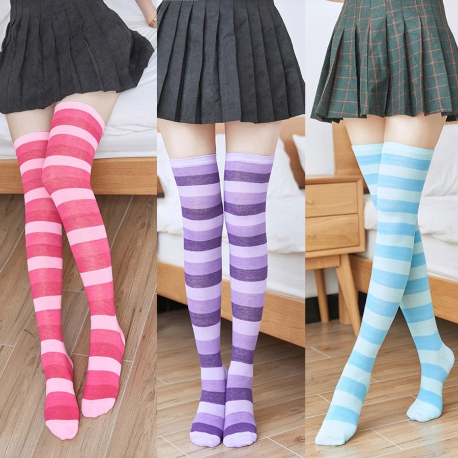 3 Pairs/Lot Women Stockings Socks Colorful Stripes Over Knee Cotton Sexy Slim Cosplay Show Ladies Girls Christmas Halloween Gift