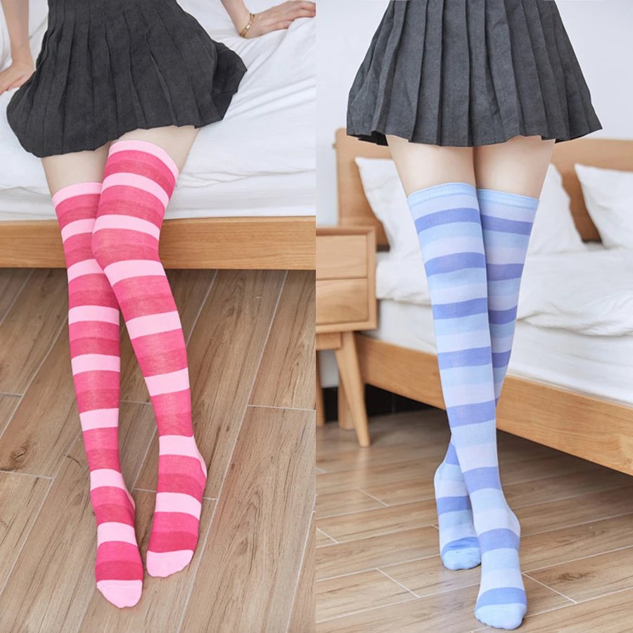 3 Pairs/Lot Women Stockings Socks Colorful Stripes Over Knee Cotton Sexy Slim Cosplay Show Ladies Girls Christmas Halloween Gift