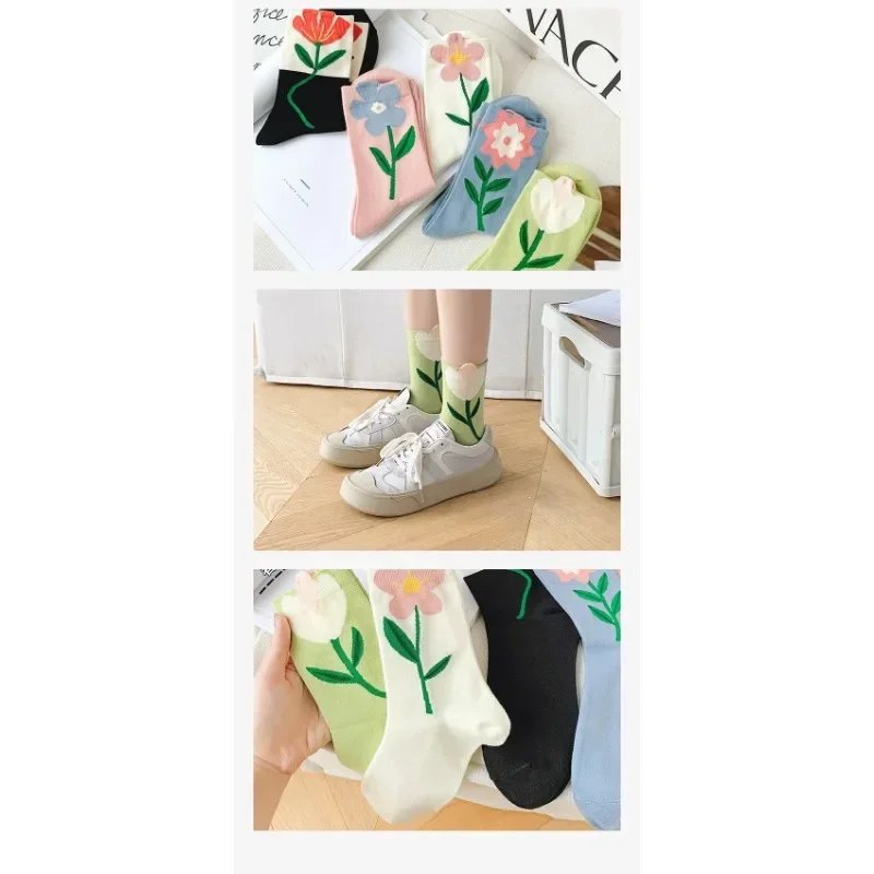 1 Pair Women Socks Japanese Korean Style Cartoon Flower Candy Color Harajuku Kawaii Mid Tube Socks Breathable Casual Short Socks