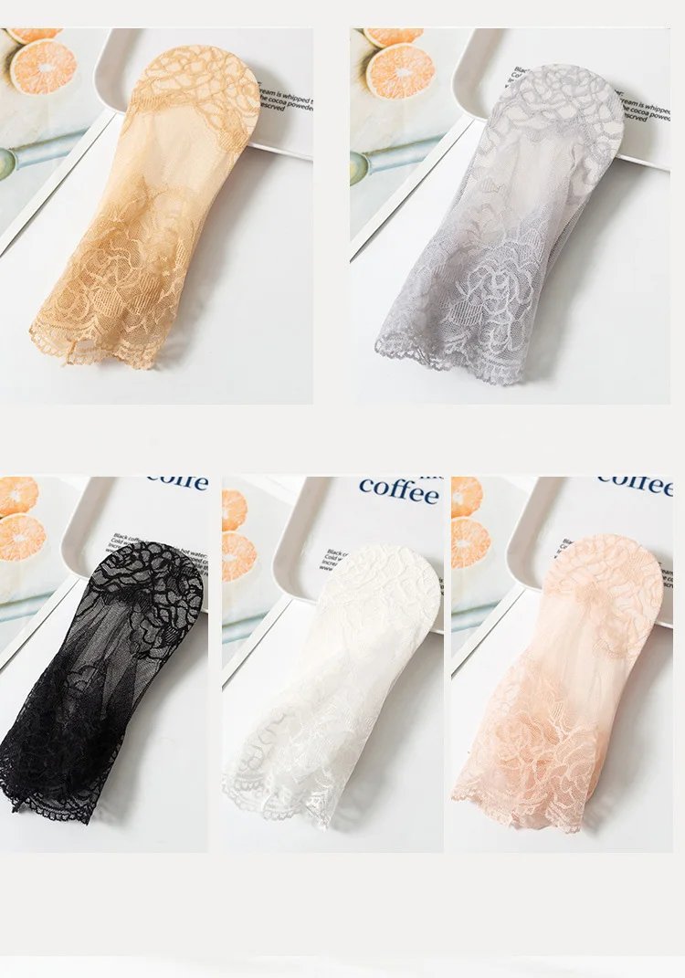 5 Pairs/Lot Lolita Women Invisible Lace Socks Thin Ladies Lace Boat Socks Hollow Non-slip Shallow Transparent Socks Women