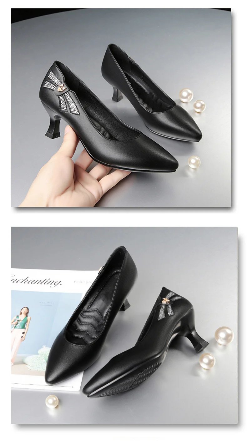 Genuine Leather Women's Shoes 2023 Spring New Single Leather Shoes Work Shoes Mid-high Heel All-match Ladies Women's Shoes