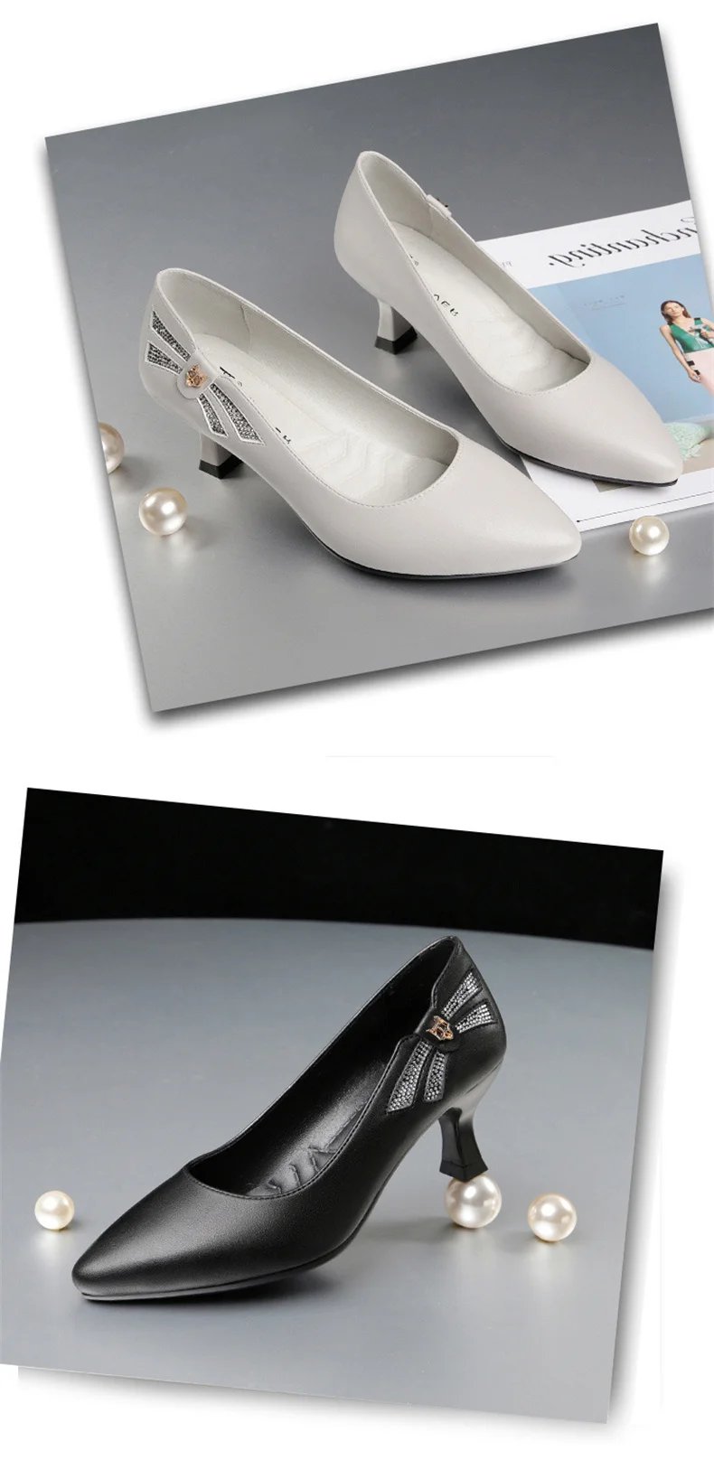 Genuine Leather Women's Shoes 2023 Spring New Single Leather Shoes Work Shoes Mid-high Heel All-match Ladies Women's Shoes