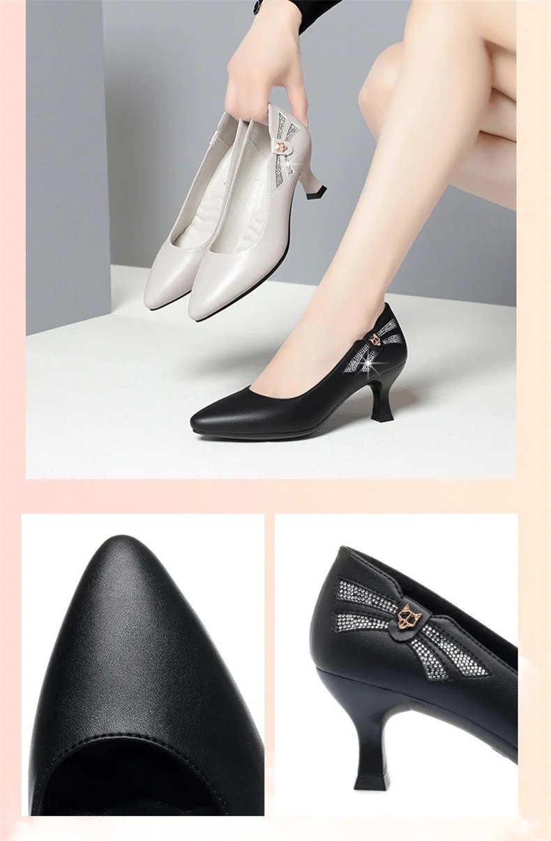 Genuine Leather Women's Shoes 2023 Spring New Single Leather Shoes Work Shoes Mid-high Heel All-match Ladies Women's Shoes