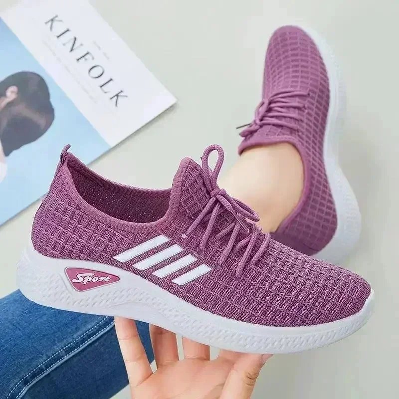Woman Mom Shoes Mesh Low-Top Running Student Shoes Trendy Shoes New Fly-Knit Sneakers Spring and Summer Soft Bottom Casualshoes