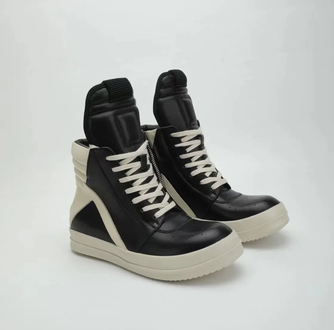 Brand Men Shoe Casual High Top Quality Women Sneaker Black Ankle Boot Geobasket Leather Owen Fashion Thick-sole Flat Zip Shoe