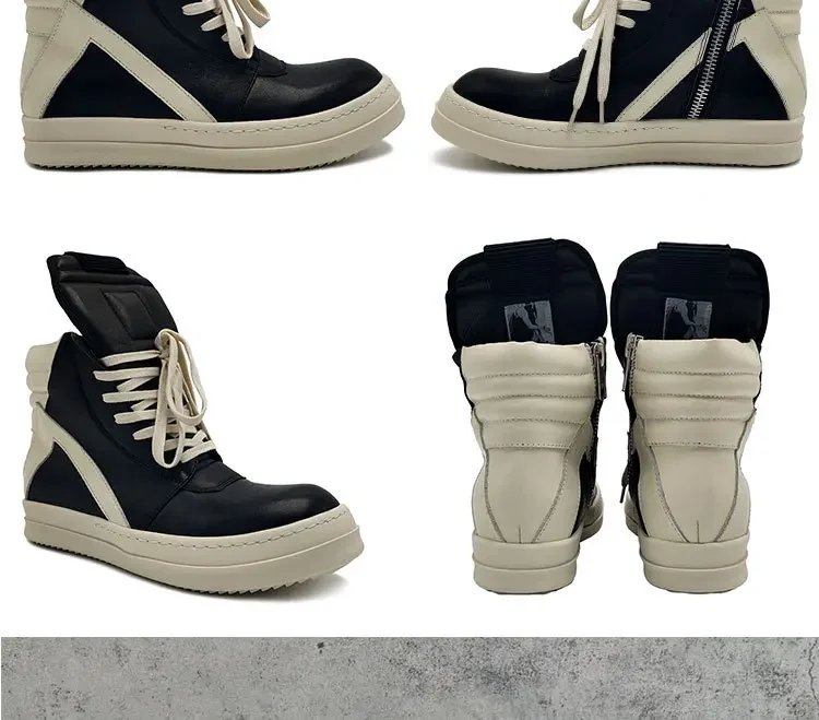 Brand Men Shoe Casual High Top Quality Women Sneaker Black Ankle Boot Geobasket Leather Owen Fashion Thick-sole Flat Zip Shoe
